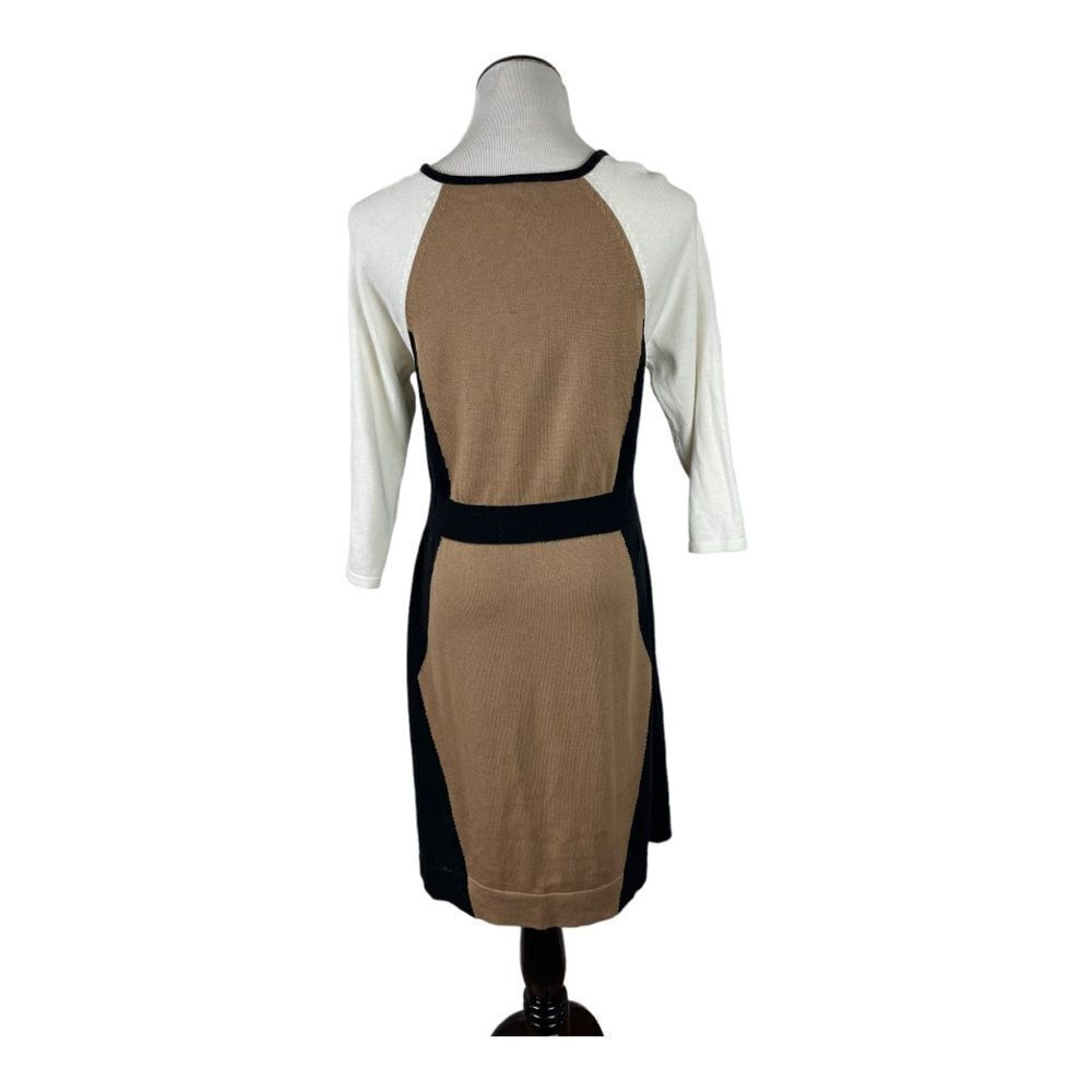 AGB Womens Size M Color Block Sweater Dress 3/4 Sleeves Black Tan White MIDI - Picture 3 of 8